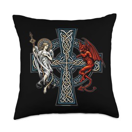 Gaelic Religious Design Celtic Cross Good Evil Angel Devil Irish Throw Pillow, 18x18, Multicolor
