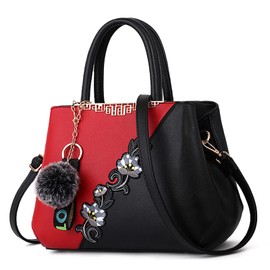 DIRRONA Women's Handbag Fashion Floral Pattern Shoulder Bag Large Capacity Shoulder Bag Casual Travel 2 Colours Sewing Design Bag for Women Hair Ball Pendant Handbag, Red A, Casual, elegant