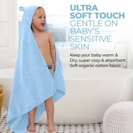 Organic Cotton Toddler Towel Poncho - Ultra-Soft for Boys & Girls 0-5T, Bath Towel with Bear Ears, Absorbent & Premium (Blue)