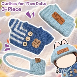 17cm Dolls Clothes, Clothes Set for 15cm Doll, Crochet 3 Piece Set Hat Clothes Backpack for Dolls Accessories Suit, Cute Outfits Stylish Adorable 15/17cm Dolls Clothes Accessories (NO Doll), Blue