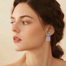 S925 Sterling Silver Posts Square Crystal Dangle Earrings for Women Drop Cubic Zirconia Statement Earrings Fine Jewelry Gift for Wedding Prom Party (Purple blue)