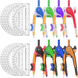 Zealor 16 Pack Math Compass & Protractor Set Geometry Math 6 Inch Plastic Drawing Compass with Pencils Protractor for Geometry Bulk for Math Student Classroom School Office Woodworking Art Drawing