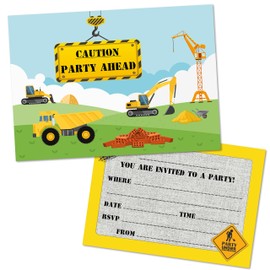 (Pack of 20) Construction Vehicle Birthday Party Invitations (Invitations Only - No Envelopes)
