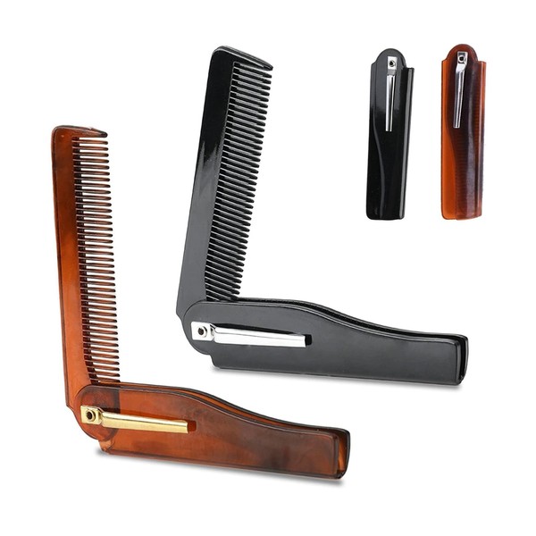 Pack of 2 Folding Combs, Styling Hair Comb, Plastic Pocket Beard Comb, Portable with Metal Sheet Decoration, Mini Hair Comb Antistatic for Father, Hairdresser, Women, Barber, All Hair Types, Travel