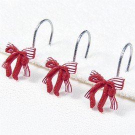 Aldopein 12PCS Cute Decorative Christmas Shower Curtain Hooks for Red Bow Festive Cheer Shower Curtains Hooks Metal Rustproof Boho Trendy Shower Curtain Rings Bathroom Decoration