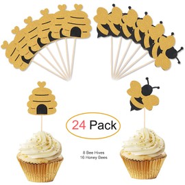 Confetti - 24 Pcs Glitter Bumble Bee Cupcake Toppers Bee Gender Reveal Cupcake Toppers for Baby Shower Birthday Honey bee Party Decor