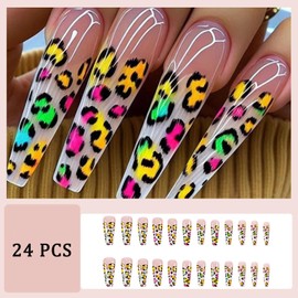 Colorful Leopard Print Press-On Nails Long Coffin False Nails Leopard Print French Design Cute Colored Glue-On Nails Full Cover Acrylic Nail Set for Women 24 Pieces