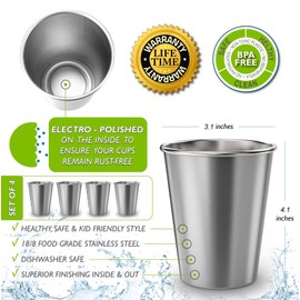 CHILLOUT LIFE Stainless Steel Cups for Kids and Adult 12 oz – Metal Kids Cups stackable for Home & Outdoor Activities, BPA Free Healthy Unbreakable Premium Metal Drinking Pint Glasses (4-Pack)