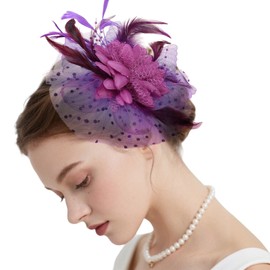 Viiotu Elegant Womens Wedding Fascinator Hat – Feather Mesh Flower Headpiece with Headband & Hair Clip, Stylish Bridal Party Tea Party Hat (Purple, OneSize)