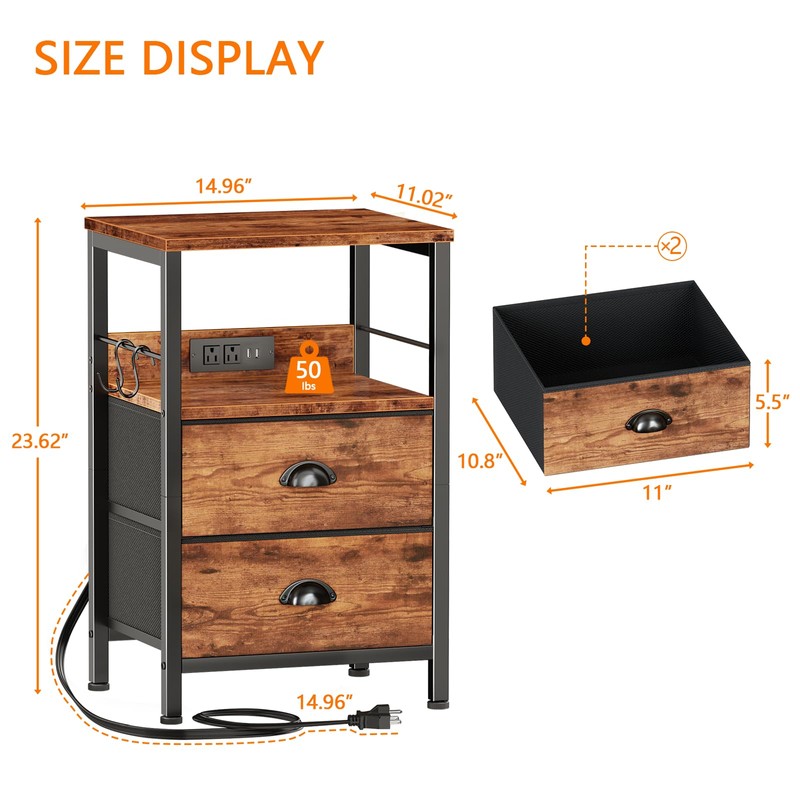 Furologee End Table with Charging Station, Nightstand with Fabric Drawers,
