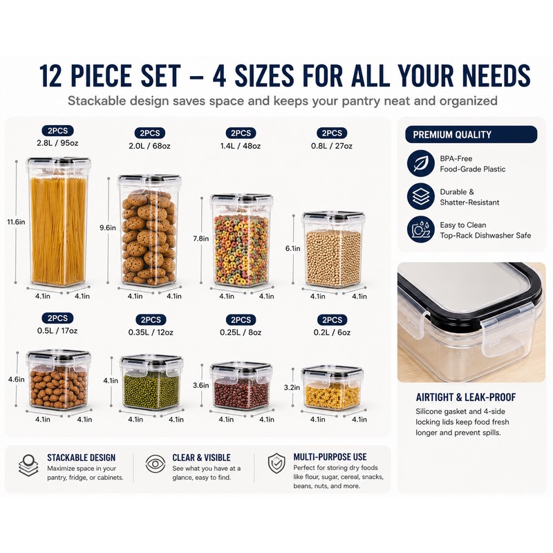 12PCS Food Storage Containers with Lids - Plastic Kitchen Pantry
