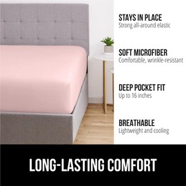 Gorilla Grip Fitted Stay in Place Twin Bed Sheet, Extra Deep Pocket Sheets, Soft Breathable Lightweight Microfiber, All Around Elastic Bottom, OEKO-Tex, Wrinkle, Fade, and Shrink Resistant, Light Pink