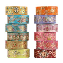 Lychii Washi Tapes Set, 12 Rollos Gold Stamping Masking Tapes, cinta decorativa de varios patrones para manualidades, manualidades, planificadores diarios, envoltura de regalos