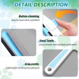 Cat Fur Brush, 2 Pieces, Self-Cleaning Cat Comb, Self-Cleaning Cat Comb, Cleaning with One Click, for Caring for Long and Short Hair, Massage (Blue + Green)