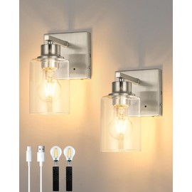Rayogale Battery Operated Wall Sconce Set of 2, Rechargeable, Cordless, Dimmable, Touch Control, 3000K, USB-C Charging for Living Room, Bedroom Nickel (Include 2 Special Bulbs)