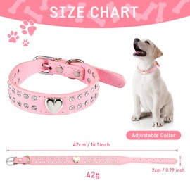 Crystal Dog Collar Bling Rhinestone Puppy Collar with Rivets PU Leather Pet Collar Adjustable Collar for Small and Medium Dogs (Heart Crystal, 42 x 2 cm)
