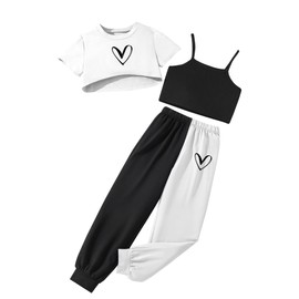 Ecolala Girls' Summer 3 Pieces Outfits Graphic Crop Top and Camisole with Sweatpants Set White 7-8Y