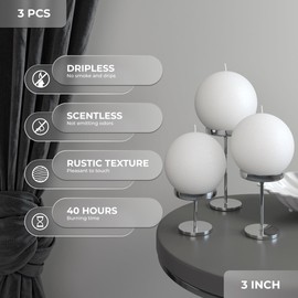 CANDWAX Set of 3 Round Candles Ball 3 inch - Snowball Candles Perfect as Wedding Decorations and as Spherical Candles for Home Decor - Unscented Candles Long Burning - White Candles