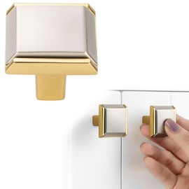 BEROSSA Nickel and Gold Cabinet Knobs Brushed Nickel and Gold Drawer Knobs, 10 Pack 1-1/4 Inch, 2281 Square Single Hole Cabinet Pulls for Kitchen Cabinets Drawers Bedroom Dresser Bathroom