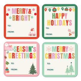 Mobiusea Creation Christmas Gift Tags Labels | Colorful Cute Design | 2 Inch | 60 Pcs Christmas Gift Labels | Assortments Holiday Design with Santa, Christmas Tree and Present Design Christmas Labels