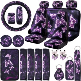 Frienda 22 Pieces Butterfly Car Accessories Set, Center Console Armrest Pad Butterfly Car Seat Covers Steering Wheel Cover Headrest Seat Belt Handbrake Gear Cover Keychain for Cars SUV Women(Purple)