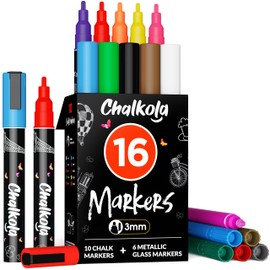 Chalkola 16 Chalk Pens for Blackboard, Washable, (16 Pens 3 mm, Chalk Pen) | Chalk Pens for Windows, Blackboard Chalk & Metallic Glass Pens, Chalk Marker, Wipe Clean, Window Colours