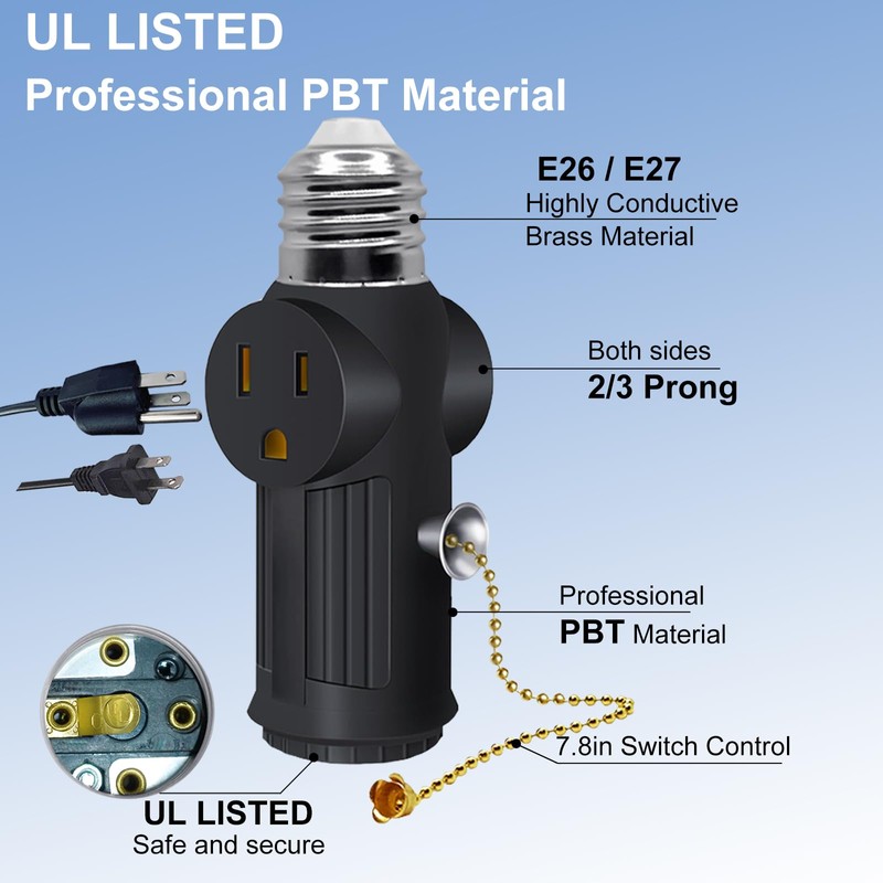 Light Socket to Plug Adapter,E26/E27 3 Prong Light Bulb Outlet