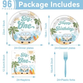 Summer Beach The Big One Party Plates Napkins Boy Surfing First Birthday Decoration Set Hawaiian Palm Tree Dinner Dessert Tableware for Retro Wave Theme Birthday Party Decoration Supplies Serve 24