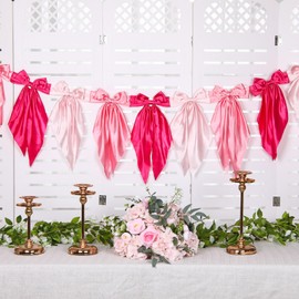 VitalCozy Bow Garland Banner Silk Bow Hanging Banner for Girls Bridal Shower Coquette Baby Shower Decor Bachelorette Party Birthday Party Decorations(Gradient Pink)