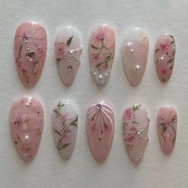 Almond Press on Nails Medium Fake Nails Pink Flower False Nails Ombre Acrylic Nails with Heart Bow Design Artificial Nails Glossy Full Cover Stick on Nails for Women 24Pcs