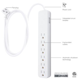 GE 6-Outlet Surge Protector, 6 Ft Extension Cord, 540 Joules, Power Strip, Flat Plug, Integrated Circuit Breaker, Wall Mount, ETL Listed, White, 83048
