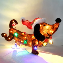 Lighted up Christmas Dog Decoration with Lights,32”Long 3D Brown Dachshund Santa Hat Decor for Outdoor Indoor Illuminated,Fluffy Puppy Christmas Holiday Display,Pre-lit Wiener Dog Christmas Addition
