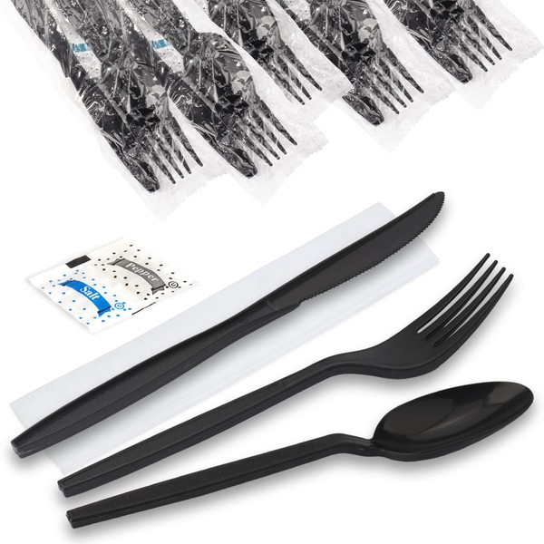 [500 Pack] Individually Wrapped Utensils - Prepackaged White Plastic Cutlery Set with Disposable Spoon, Fork, Knife, Napkin, Salt and Pepper Packets - Prewrapped To Go Silverware Utensil Packs