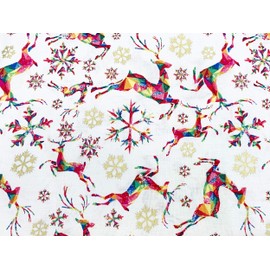 Christmas Fabric Reindeers & Snowflake Design - Rainbow Print on White Backgound 100% Cotton 53" Wide