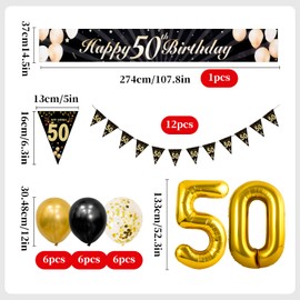 50th Birthday Decoration, Black Gold 50th Birthday Decoration Man Woman, 50th Happy Birthday Banner, Number Balloons 50, Black Gold Confetti Balloons, Fireworks Triangle Flag Banner