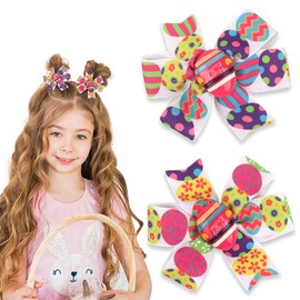 2PCS Easter Hair Bow Clips 3 Inch Ribbon Bow Hair Pins Colorful Egg Alligator Hair Bow Barrettes for Toddler Teens Baby Girls School Kids Spring Holiday Outfit Decor Accessories Birthday Gift