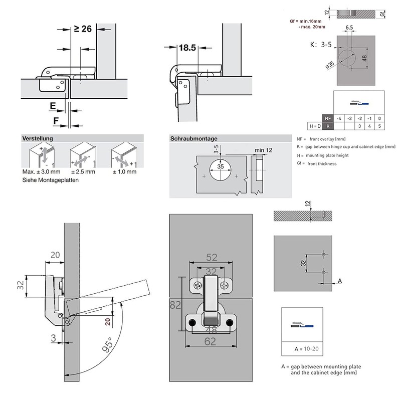 LIKERAINY 95Deg Long-arm Inset Blind Corner Hinge Ø 35mm Without