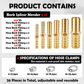 12pcs Brass Hose Barbed Fittings,Barb Splicer Mender Hose Connector,Hose Repair Kit,3/16 1/4 5/16 3/8 1/2 5/8 Inch with 26pcs Stainless Steel Hose Clamps For Air/Water/Fuel/Oil