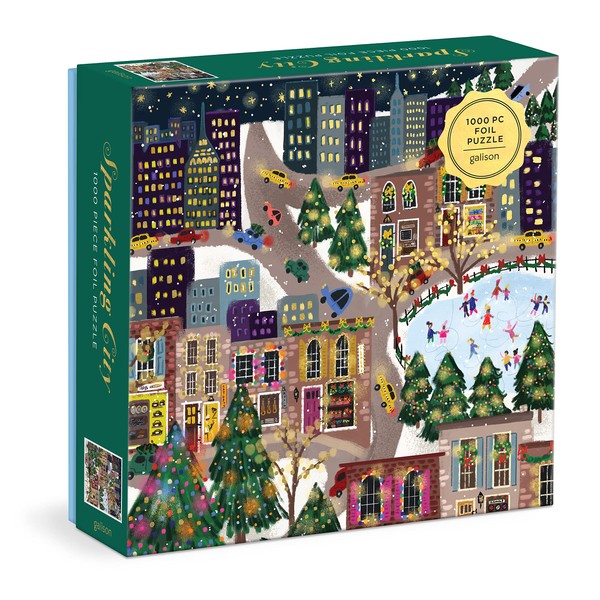 Galison Sparkling City – 1000 Piece Foil Puzzle with Illustrations of Colorful Merriments in The City with Gold Foil Accents