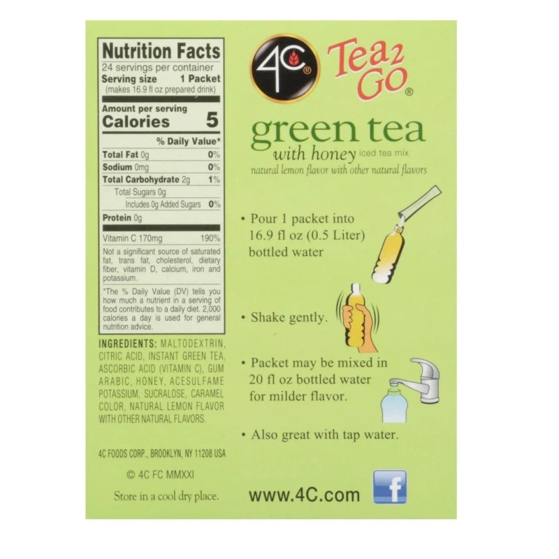 4C 24 Packets Tea2Go Green Tea with Honey Sticks