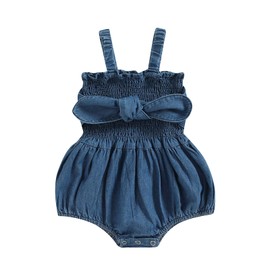 BULINGNA Newborn Baby Girl Outfits Sleeveless Bow Tie Up Front Smocked Bubble Romper Infant Denim Jumpsuit (Blue-Bow, 6-12 Months)