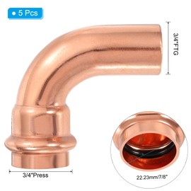 PATIKIL 3/4" x 3/4" Elbow Copper Press Fittings, 5 Pcs 90 Degree Pressure Copper Pipe Fitting Zero Lead FTG x P Coupling Connector with Stop for Copper Tube Connection, Plumbing