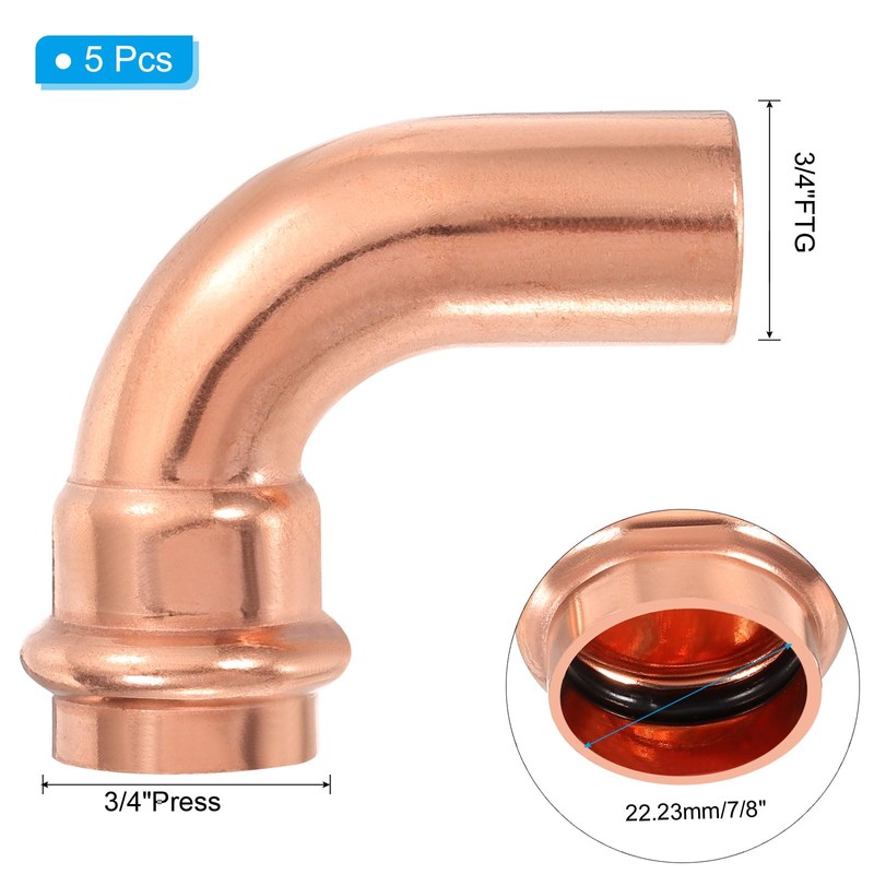 PATIKIL 3/4" x 3/4" Elbow Copper Press Fittings, 5 Pcs