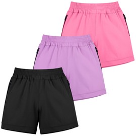BIG ELEPHANT 3 Pcs Girls Athletic Shorts with Liner, Quick Dry Sports Shorts with Zipper Pockets for Running, Soccer, Cycling