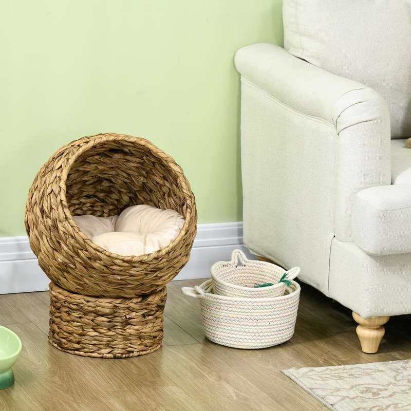 PawHut Handwoven Elevated Cat Bed with Soft Cushion & Egg