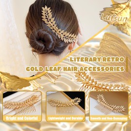Lufsun 3 Pcs Gold Leaf Headbands Side Combs Set Baroque Roman Goddess Leaf Vintage Wedding Decorative Headpiece for Women Girls Bride Hair Accessories