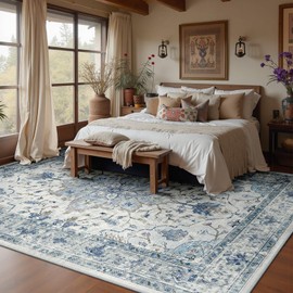 RELEANY Area Rugs 6'x9' Washable Non-Slip, Floral Vintage Distress Print Pattern Medallion Carpet for Living Room Bedroom Dining Room, Light Blue Navy Beige Gray White