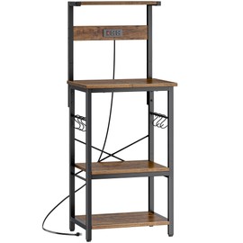 SUPERJARE 4 Tier Bakers Rack with Power Outlets, Microwave Stand with Adjustable Shelf, Kitchen Shelf Organizer for Small Space, Coffee Bar with 6 S Hooks, Kitchen Storage Rack, Rustic Brown