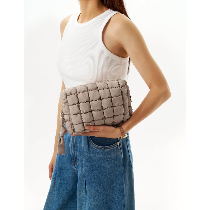 Unilily Puffy Cosmetic Bag for Women, Stone, Medium, Quilted Pattern