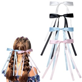 Ellxen 4 Pack Bow Hair Clips with Ribbon,Tassel Ribbon Hair Clips,Ribbon Hair Clips Bows With Long Tail,Metal Bow Hair Clip, for Birthday Party Women Girls Kids (4 Colors-01)
